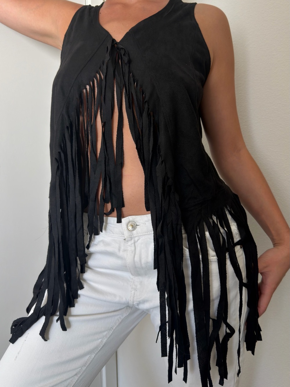 Fringed Tie-Front Black Tank Top